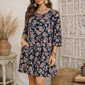Monsoon Retro Romantic Boho Navy Floral 3/4 Sleeve w/ Pockets Shift Dress Sz 8